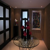 Black Oak Doors Sand Blasted Glass Panels & Stainless Steel Architraves & Skirting